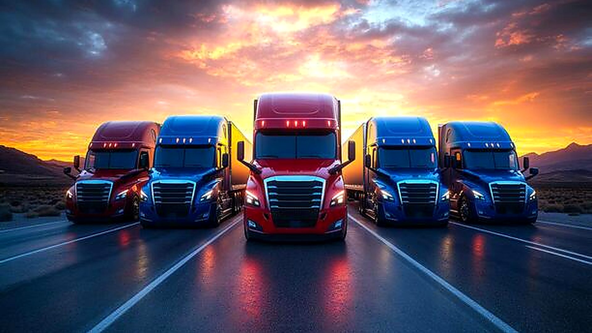 Fleet of five Potomac Fleet semi trucks lined up on a highway at sunset